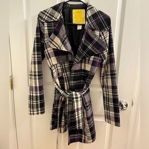 Wet Seal Plaid Lightweight Trench Coat, black/purple/ivory, size S